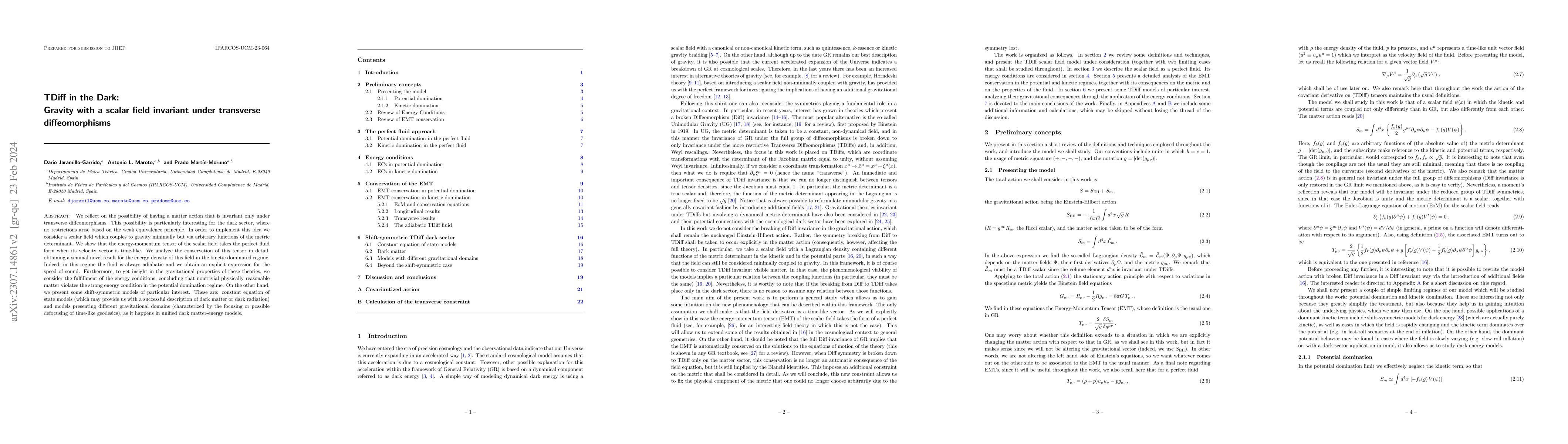 Thumbnail for TDiff in the Dark: Gravity with a scalar field invariant under
  transverse diffeomorphisms