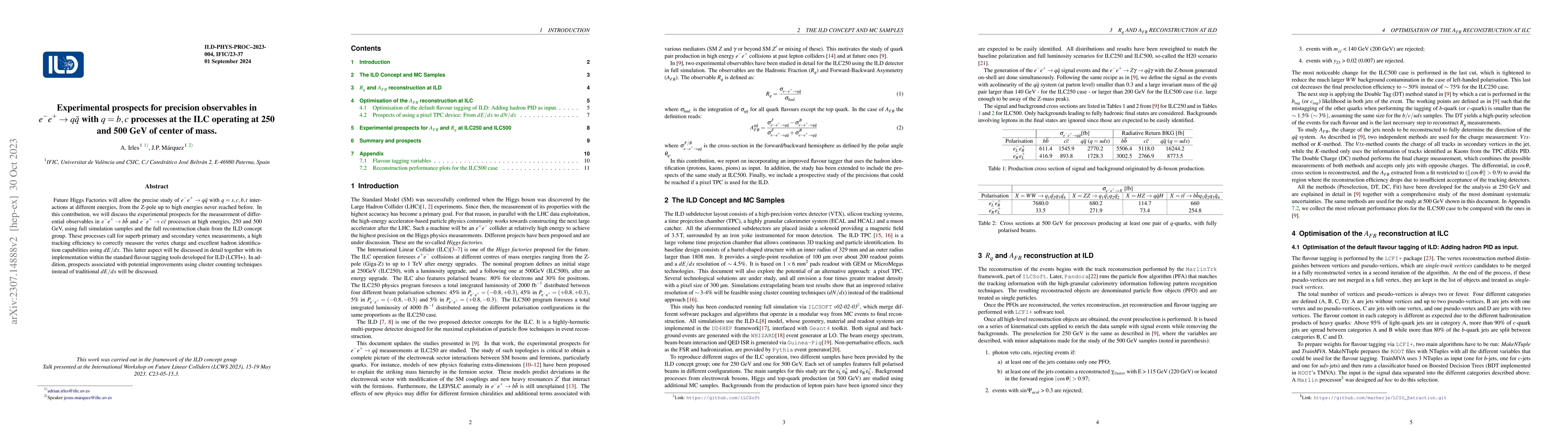 Thumbnail for Experimental prospects for precision observables in
  $e^{-}e^{+}\rightarrow q\bar{q}$ with $q=b,c$ processes at the ILC operating
  at 250 and 500 GeV of center of mass