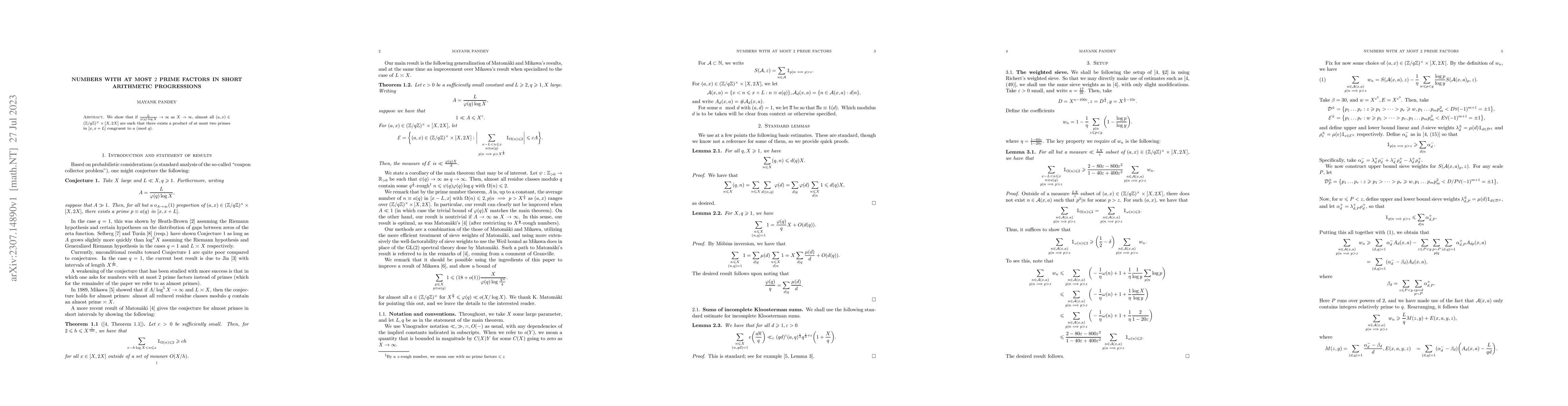 Thumbnail for Numbers with at most $2$ prime factors in short arithmetic progressions