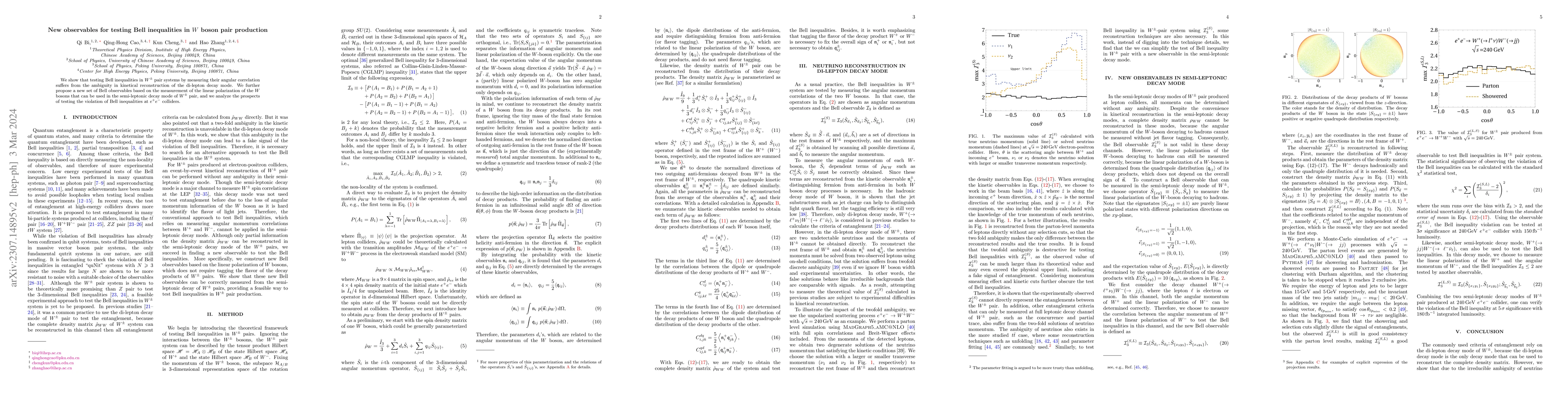 Thumbnail for New observables for testing Bell inequalities in $W$ boson pair
  production