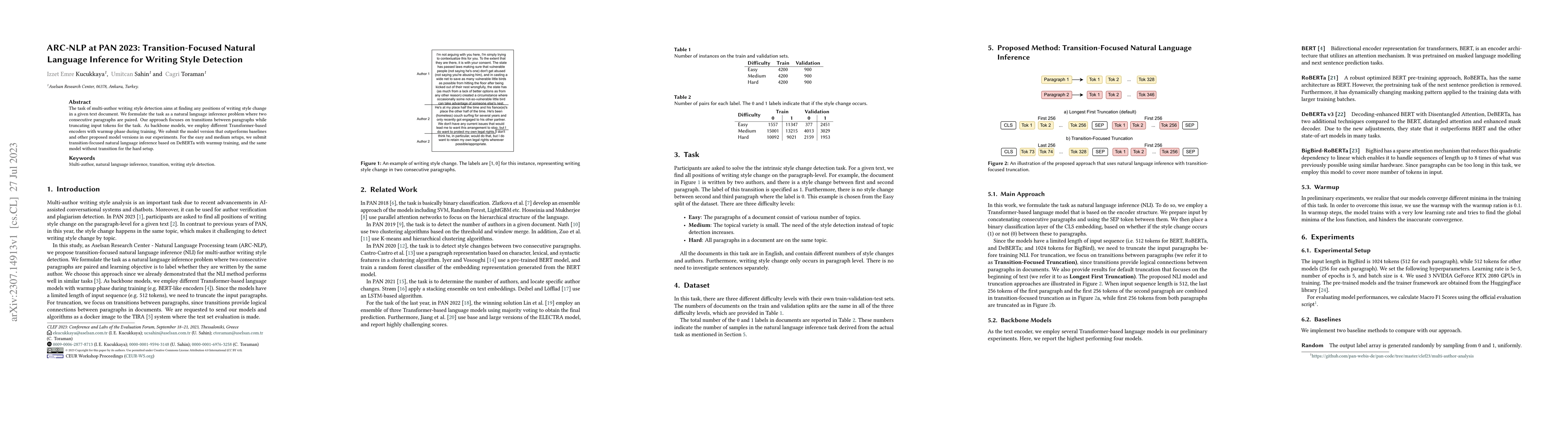 Thumbnail for ARC-NLP at PAN 2023: Transition-Focused Natural Language Inference for
  Writing Style Detection