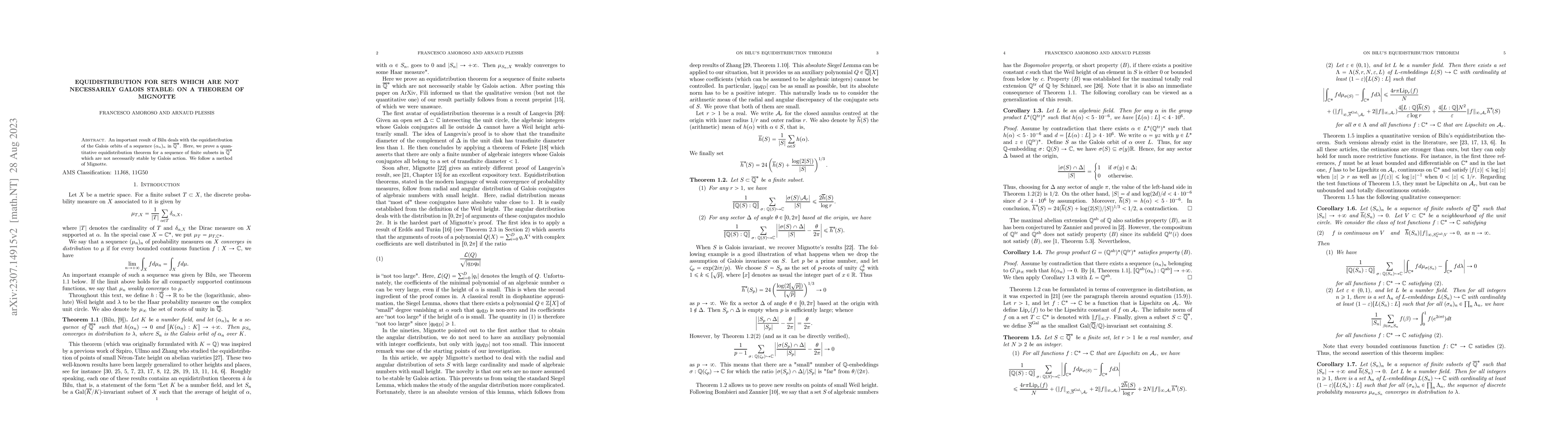 Thumbnail for Equidistribution for sets which are not necessarily Galois stable: On a
  theorem of Mignotte
