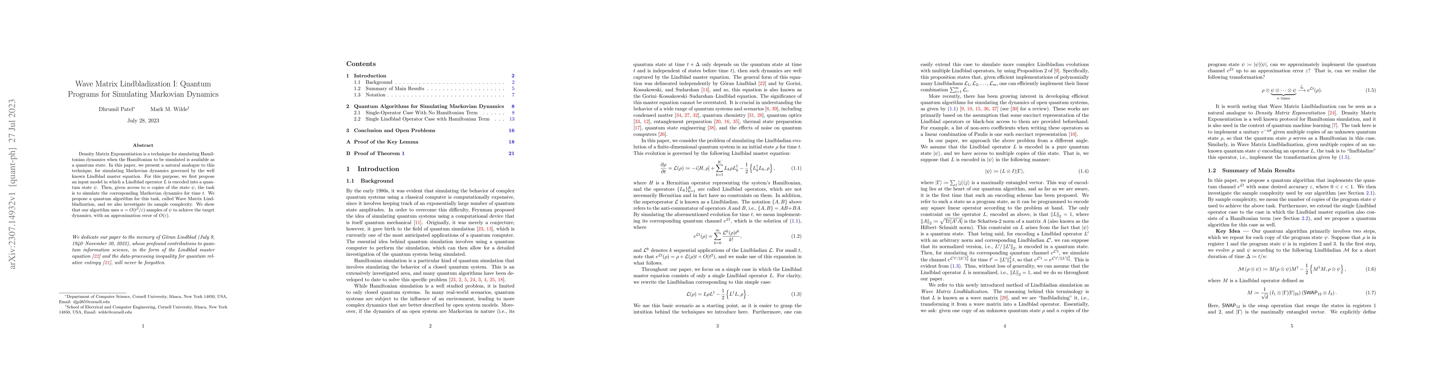 Thumbnail for Wave Matrix Lindbladization I: Quantum Programs for Simulating Markovian
  Dynamics