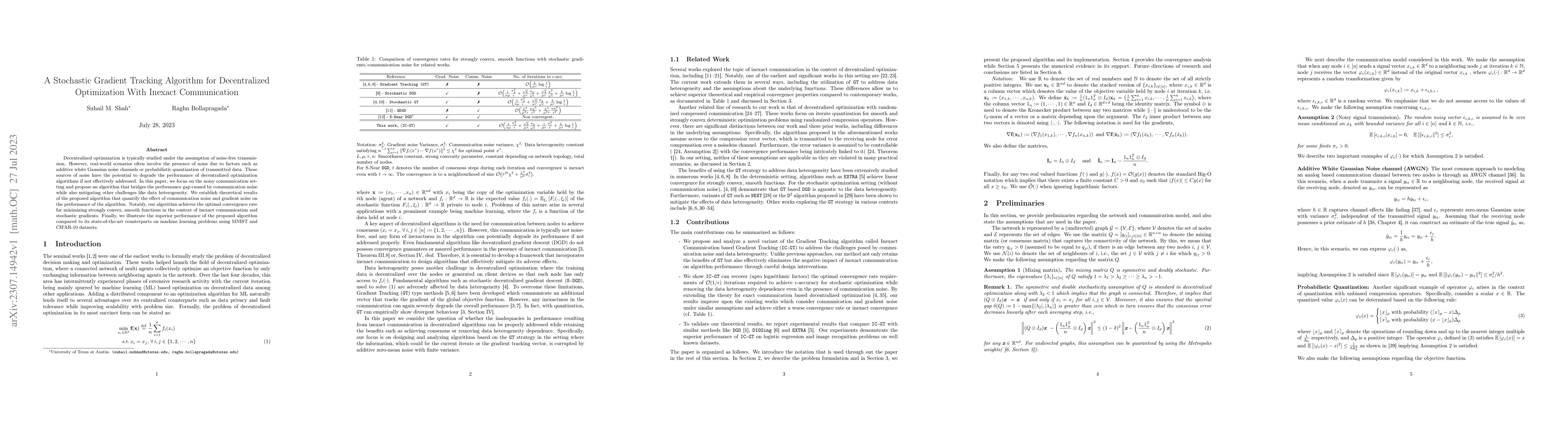 Thumbnail for A Stochastic Gradient Tracking Algorithm for Decentralized Optimization
  With Inexact Communication