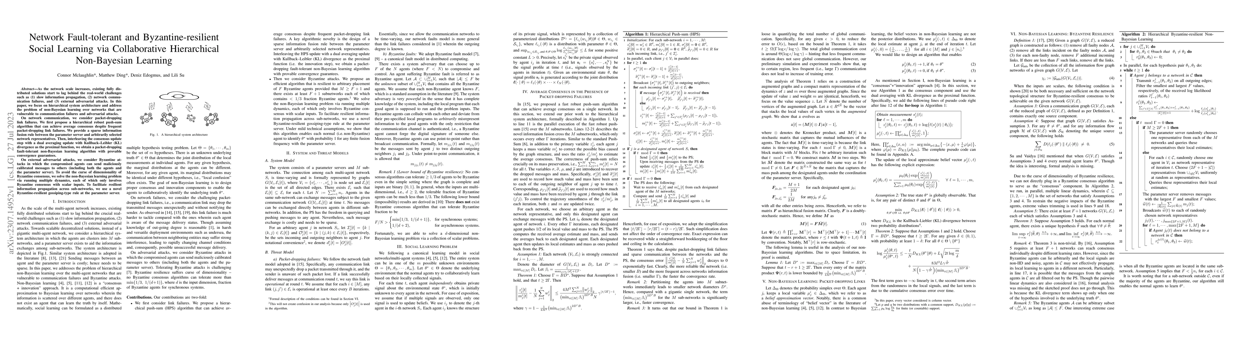 Thumbnail for Network Fault-tolerant and Byzantine-resilient Social Learning via
  Collaborative Hierarchical Non-Bayesian Learning