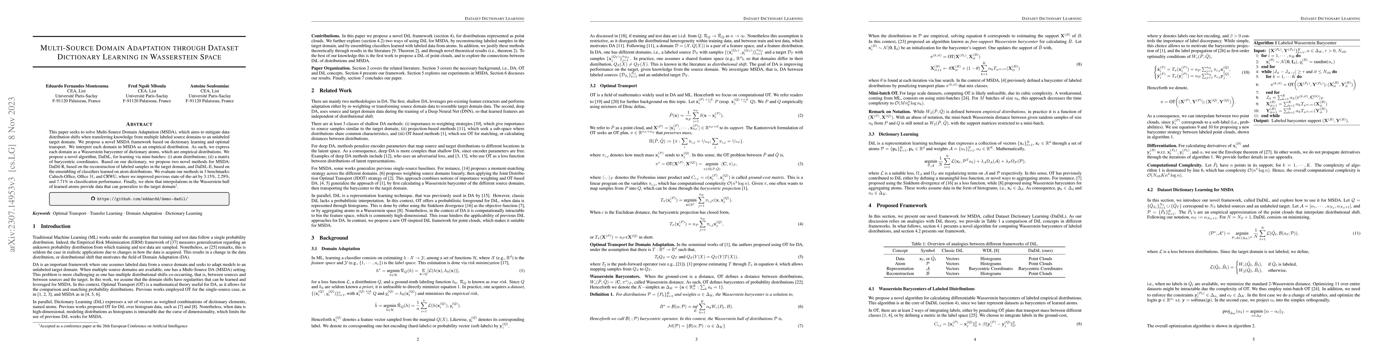 Thumbnail for Multi-Source Domain Adaptation through Dataset Dictionary Learning in
  Wasserstein Space