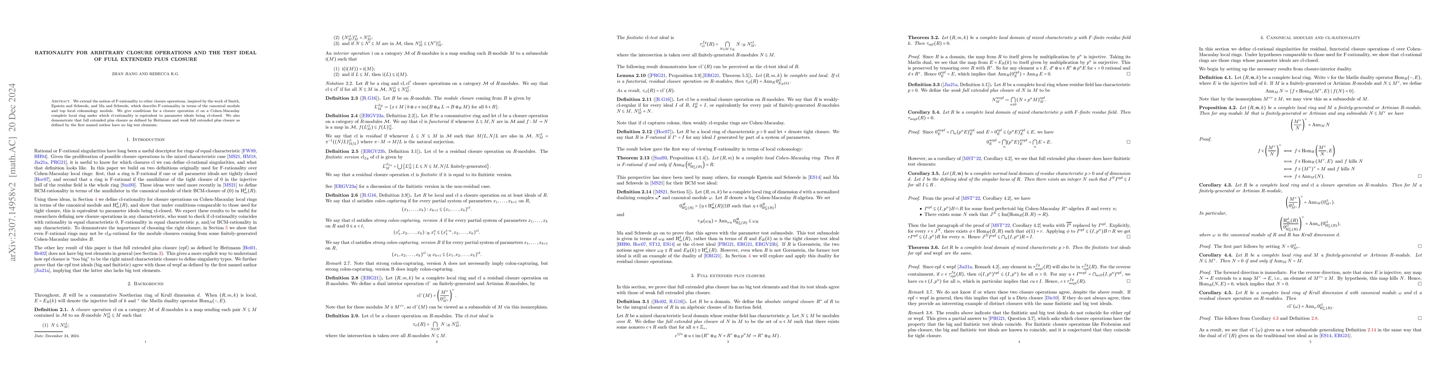 Thumbnail for Rationality for arbitrary closure operations and the test ideal of full
  extended plus closure