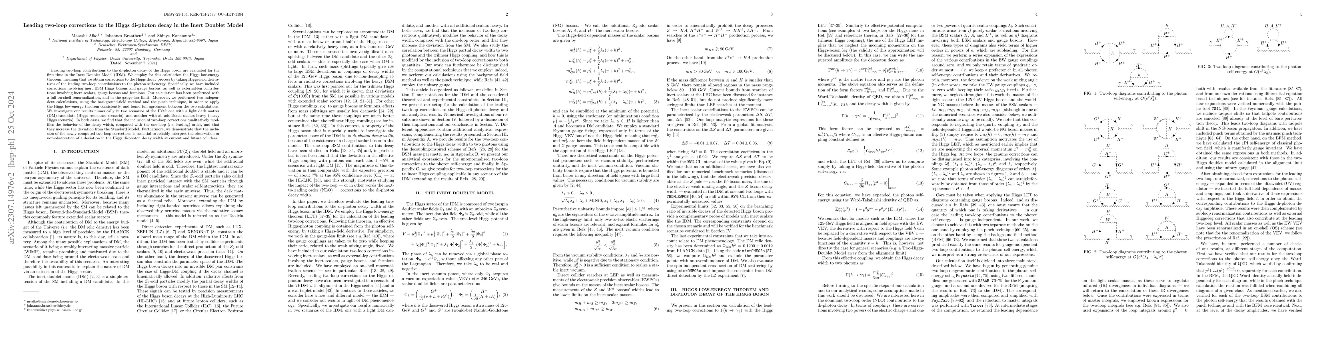 Thumbnail for Leading two-loop corrections to the Higgs di-photon decay in the Inert
  Doublet Model
