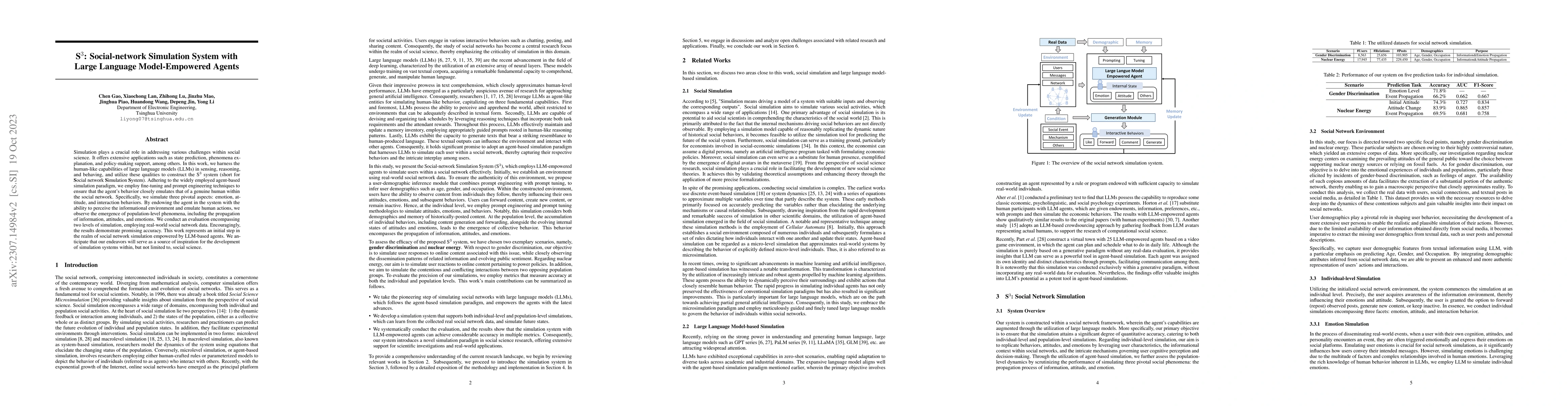 Thumbnail for S3: Social-network Simulation System with Large Language Model-Empowered
  Agents