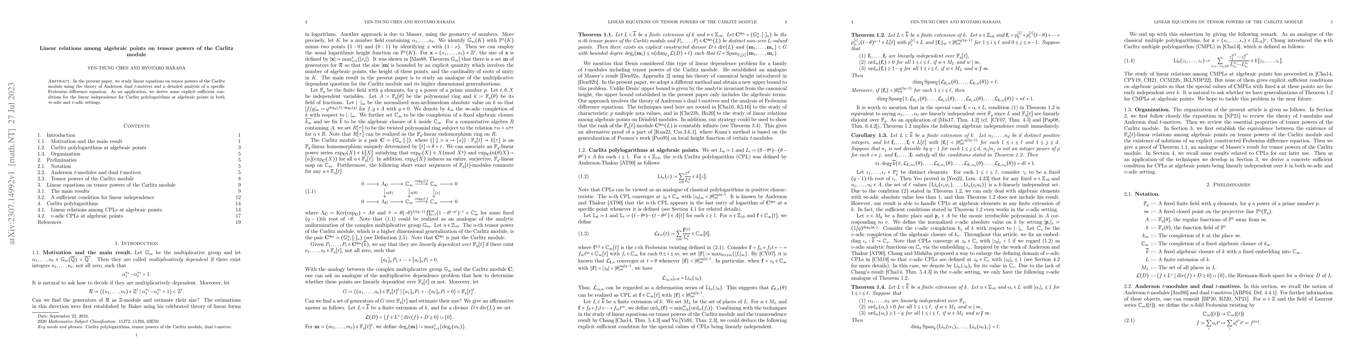 Thumbnail for Linear relations among algebraic points on tensor powers of the Carlitz
  module
