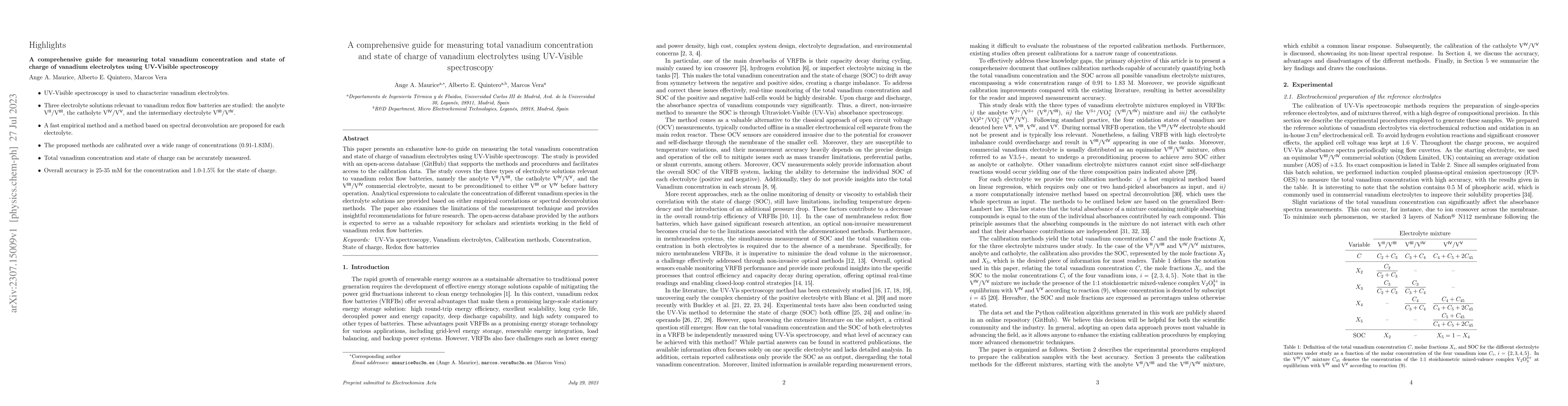 Thumbnail for A comprehensive guide for measuring total vanadium concentration and
  state of charge of vanadium electrolytes using UV-Visible spectroscopy