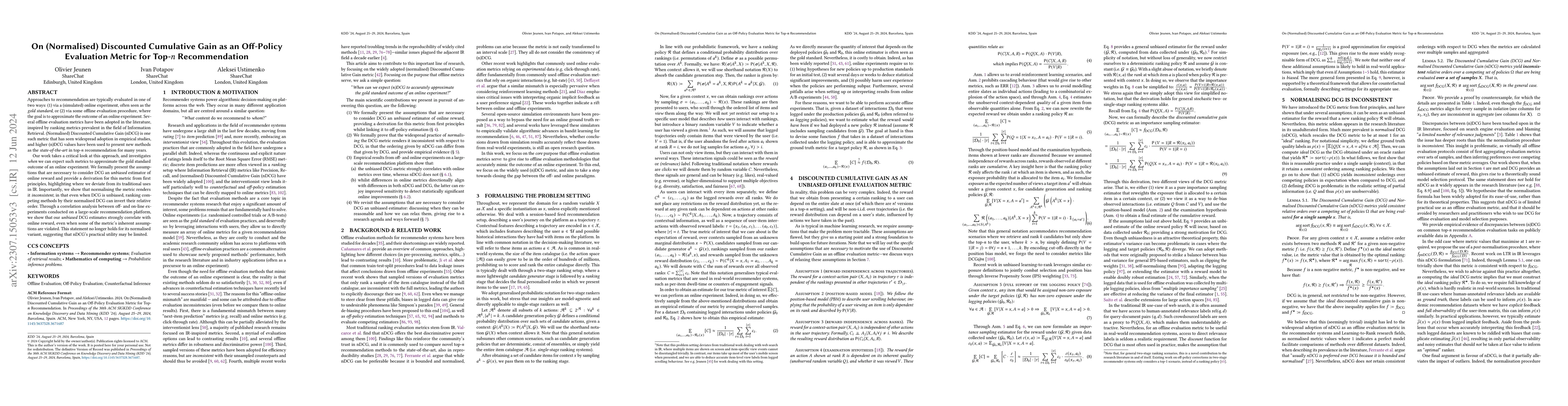 Thumbnail for On (Normalised) Discounted Cumulative Gain as an Off-Policy Evaluation
  Metric for Top-$n$ Recommendation