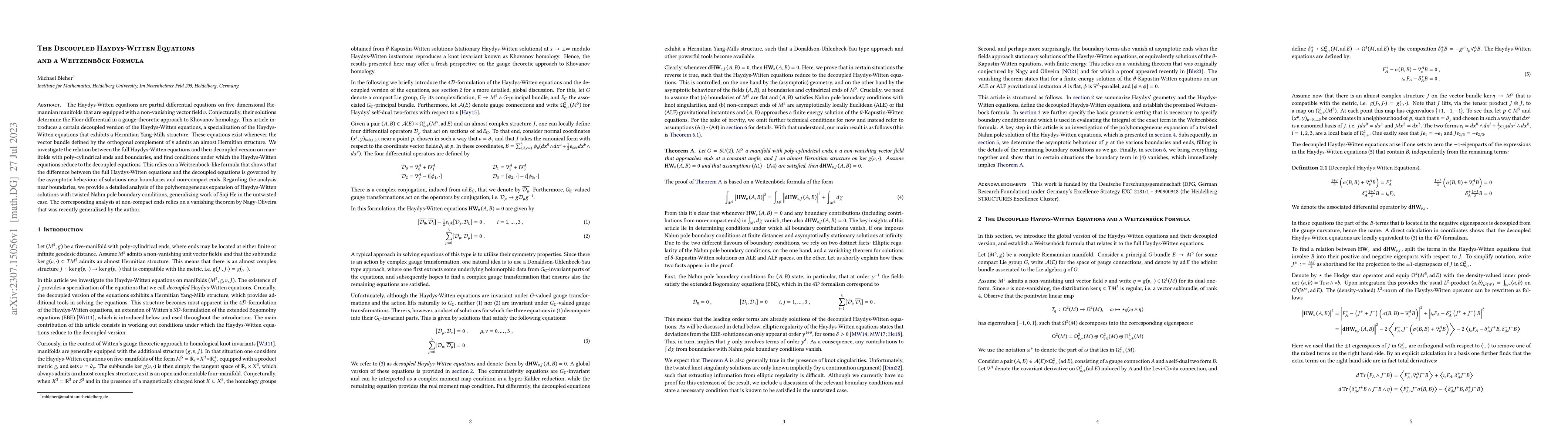 Thumbnail for The Decoupled Haydys-Witten Equations and a Weitzenb\"ock Formula