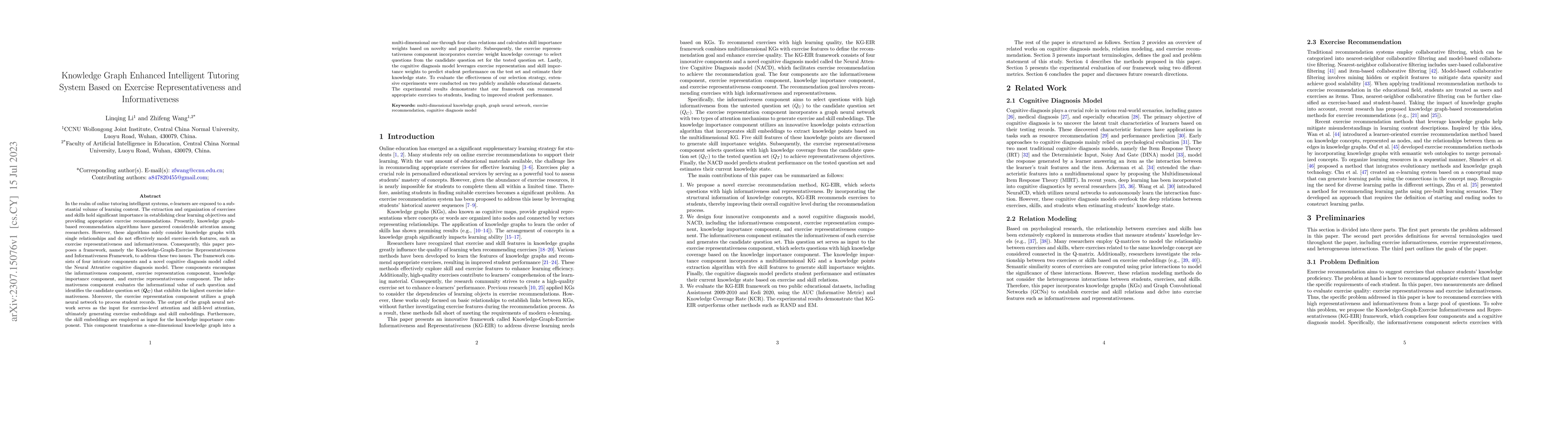 Thumbnail for Knowledge Graph Enhanced Intelligent Tutoring System Based on Exercise
  Representativeness and Informativeness