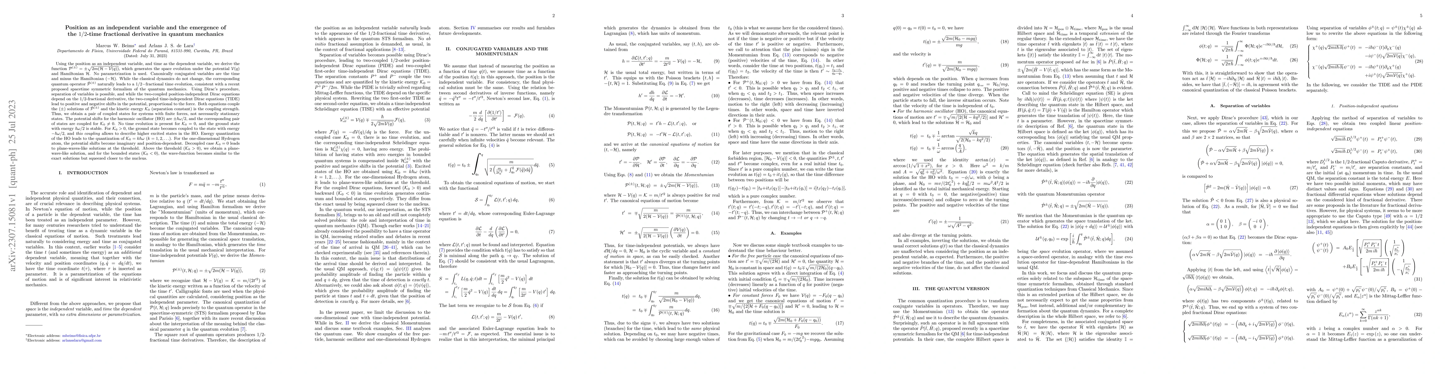 Thumbnail for Position as an independent variable and the emergence of the $1/2$-time
  fractional derivative in quantum mechanics