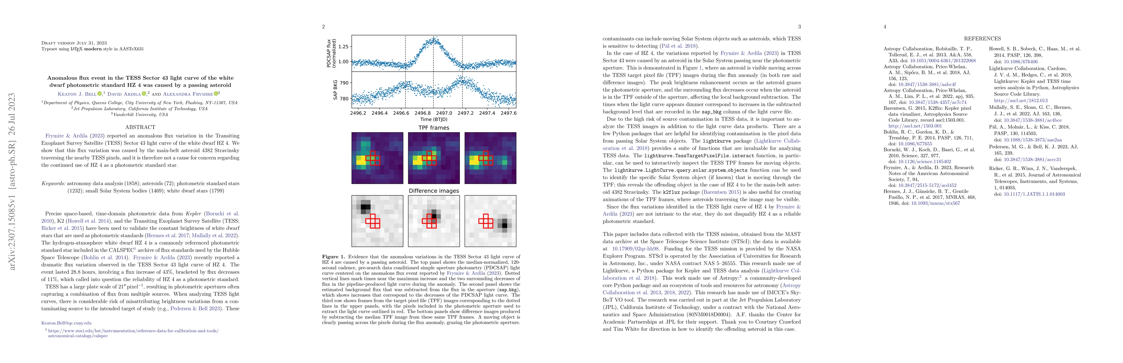 Thumbnail for Anomalous flux event in the TESS Sector 43 light curve of the white
  dwarf photometric standard HZ 4 was caused by a passing asteroid