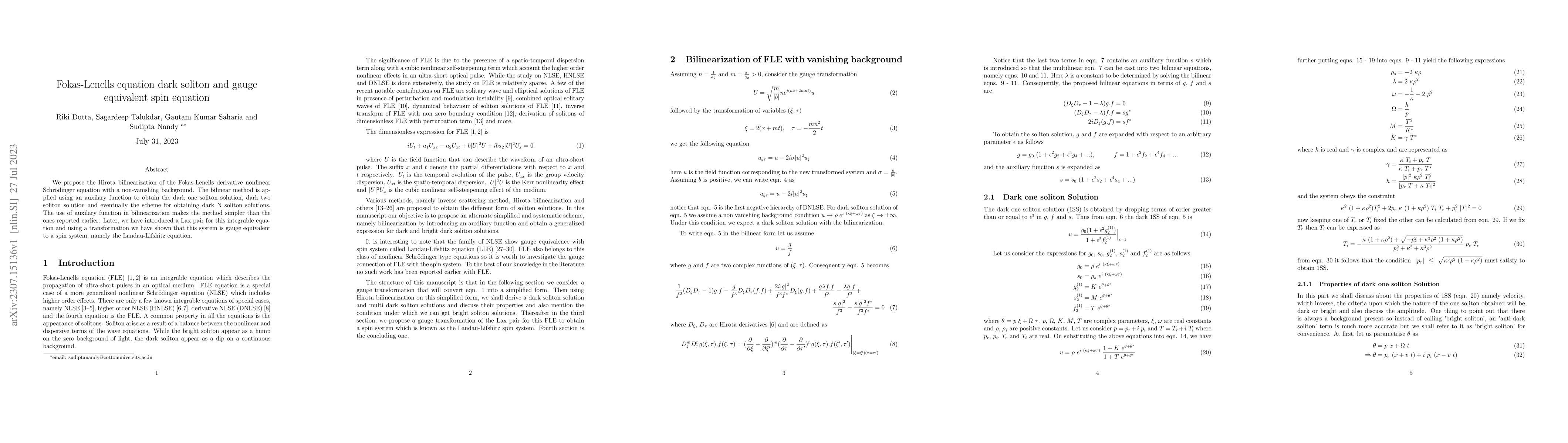 Thumbnail for Fokas-Lenells equation dark soliton and gauge equivalent spin equation