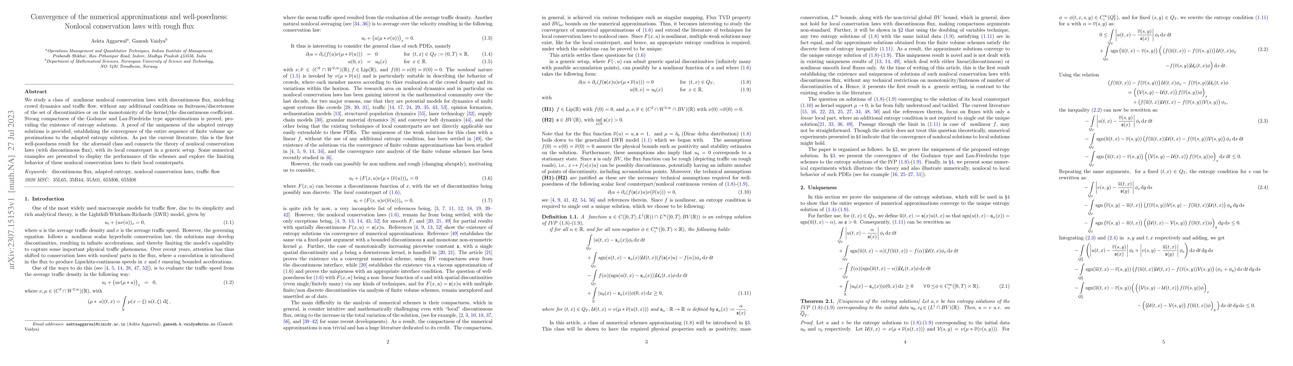 Thumbnail for Convergence of the numerical approximations and well-posedness: Nonlocal
  conservation laws with rough flux