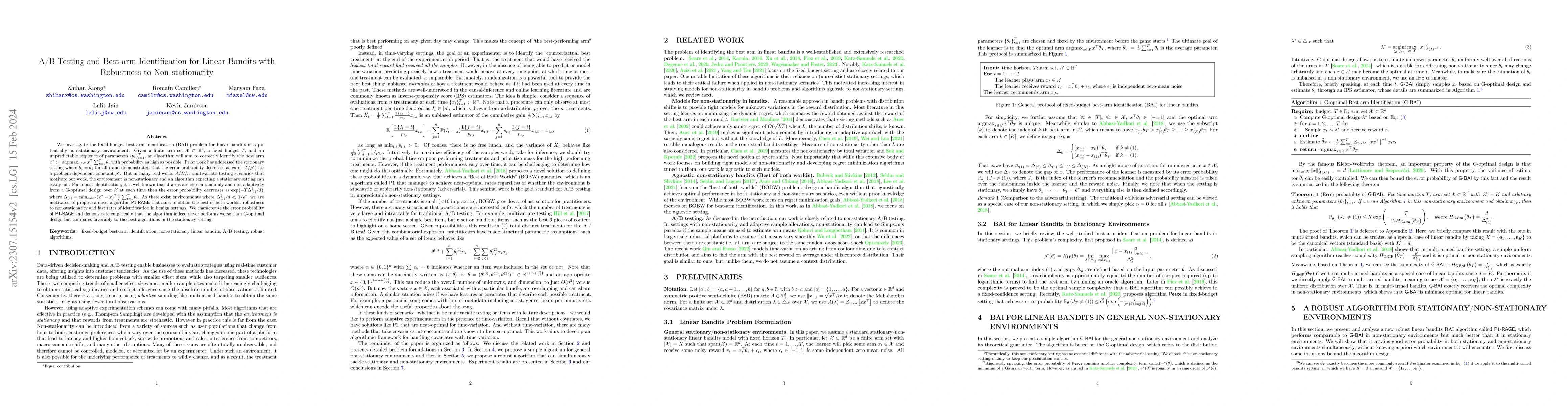 Thumbnail for A/B Testing and Best-arm Identification for Linear Bandits with
  Robustness to Non-stationarity