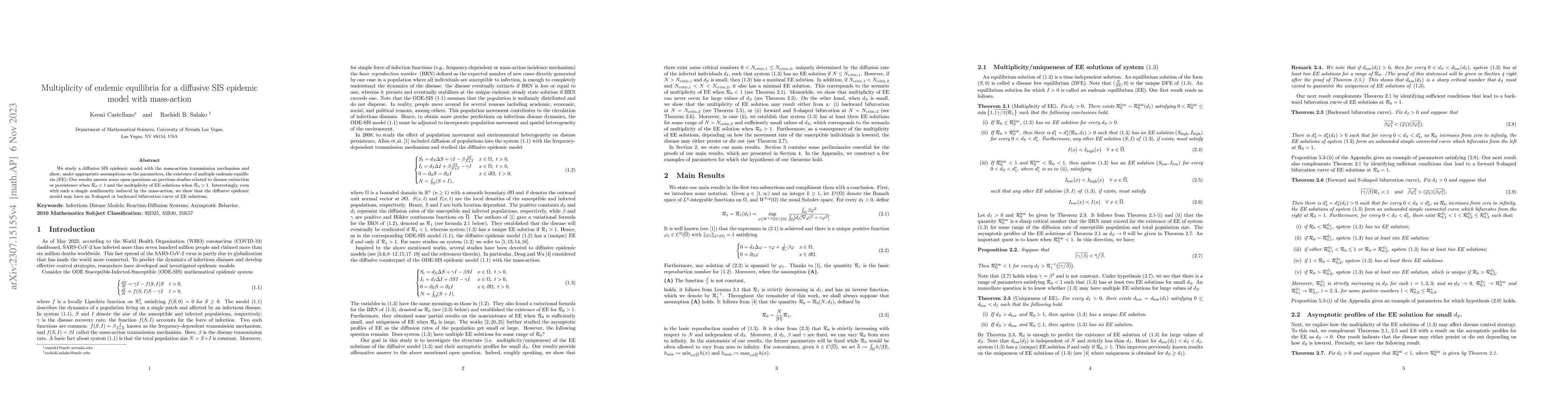 Thumbnail for Multiplicity of endemic equilibria for a diffusive SIS epidemic model
  with mass-action