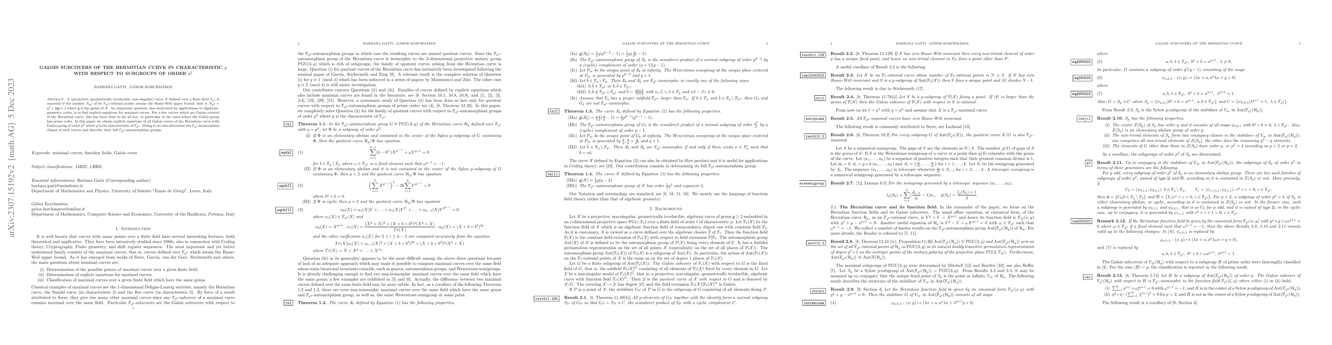 Thumbnail for Galois subcovers of the Hermitian curve in characteristic $p$ with
  respect to subgroups of order $p^2$