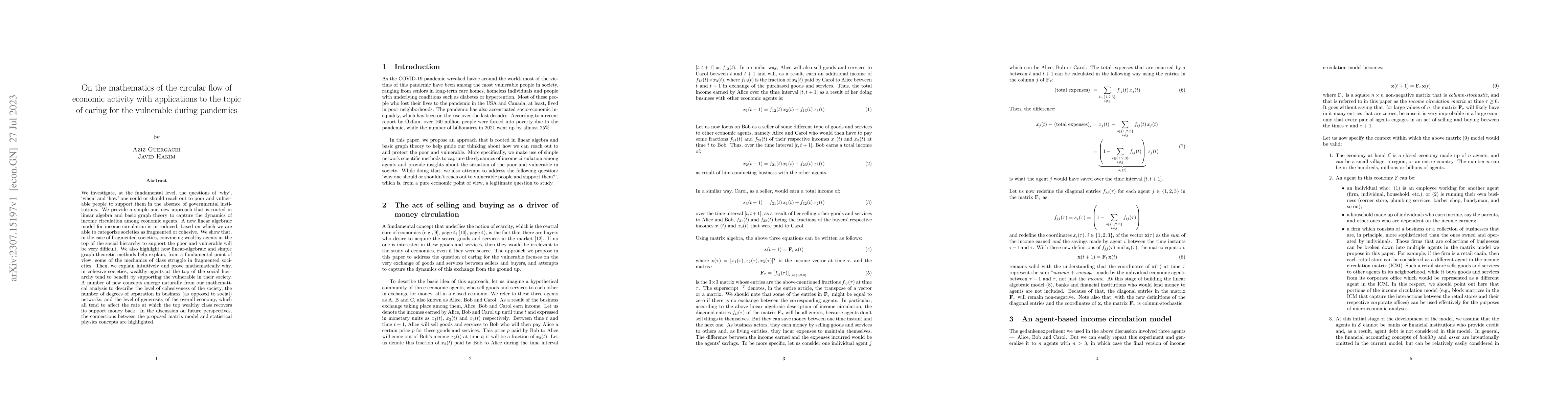 Thumbnail for On the mathematics of the circular flow of economic activity with
  applications to the topic of caring for the vulnerable during pandemics