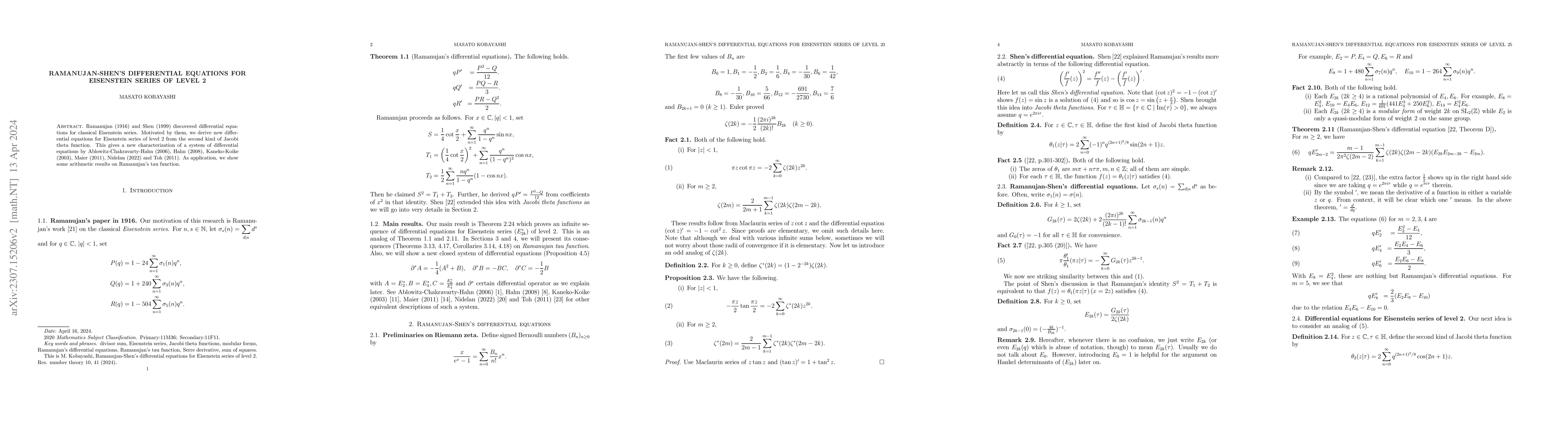 Thumbnail for Ramanujan-Shen's differential equations for Eisenstein series of level 2