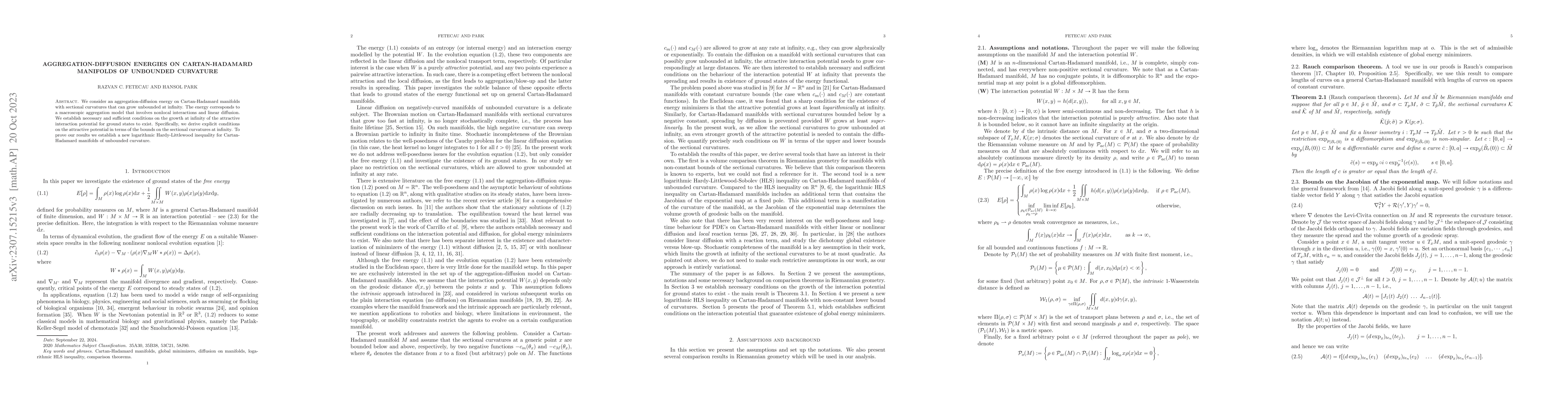 Thumbnail for Aggregation-diffusion energies on Cartan-Hadamard manifolds of unbounded
  curvature