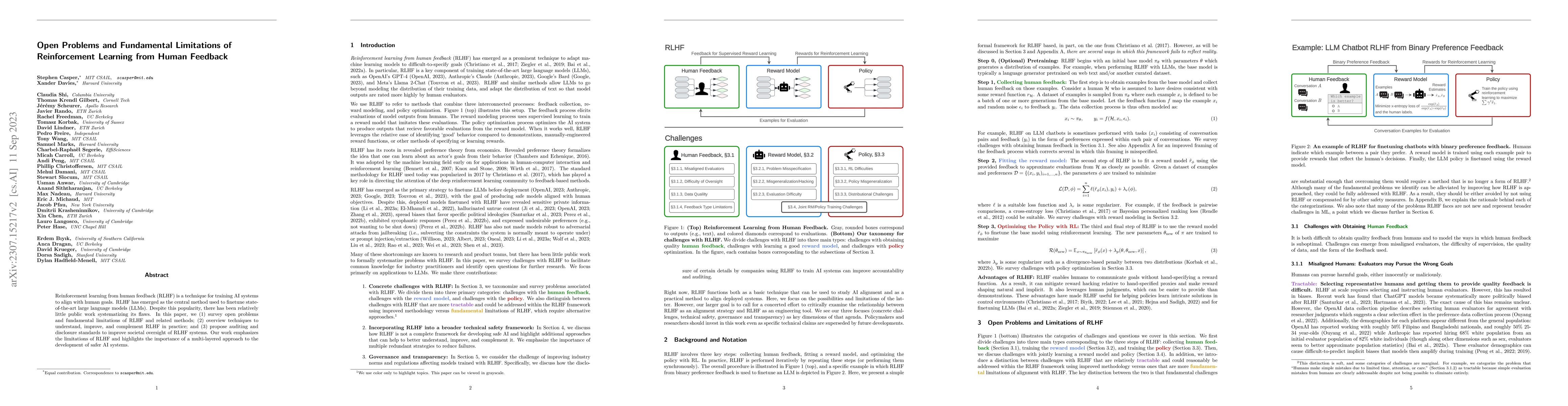 Thumbnail for Open Problems and Fundamental Limitations of Reinforcement Learning from
  Human Feedback
