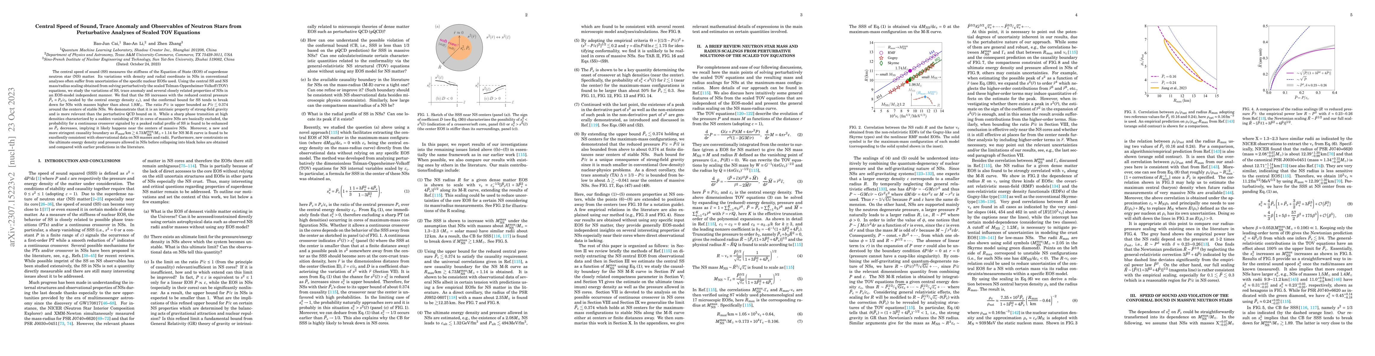 Thumbnail for Central Speed of Sound, Trace Anomaly and Observables of Neutron Stars
  from Perturbative Analyses of Scaled TOV Equations