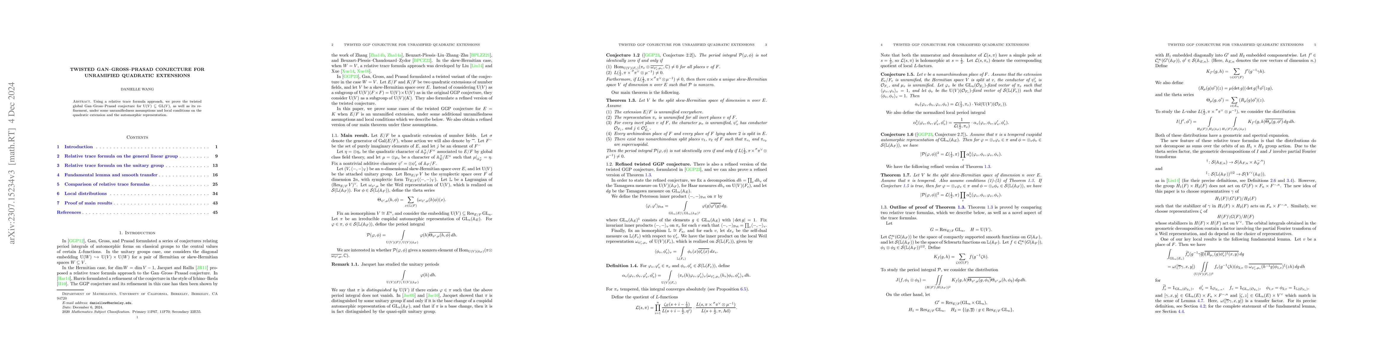 Thumbnail for Twisted Gan-Gross-Prasad conjecture for unramified quadratic extensions