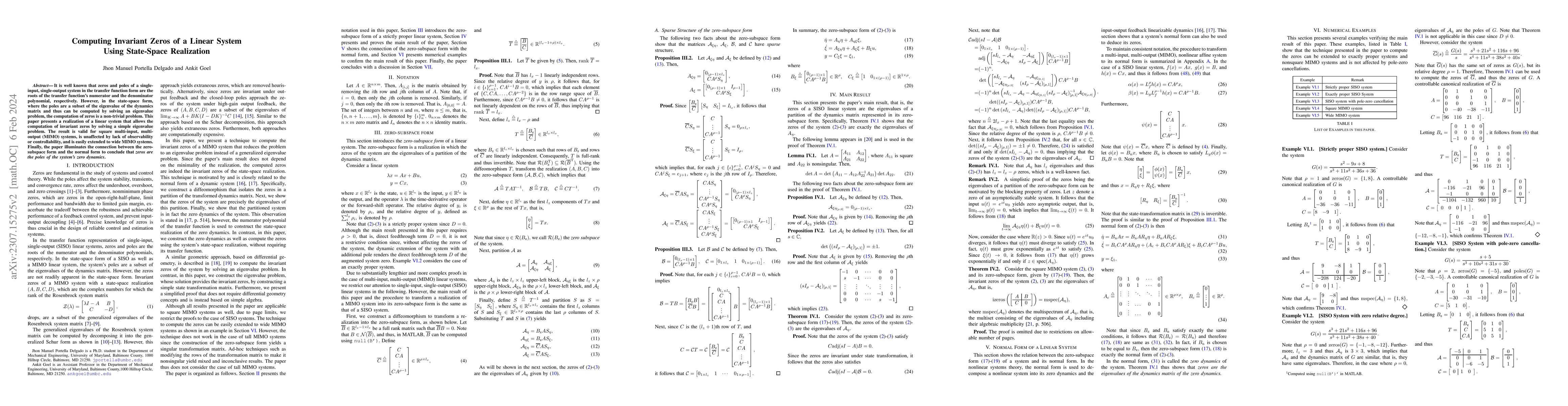 Thumbnail for Computing Invariant Zeros of a Linear System Using State-Space
  Realization