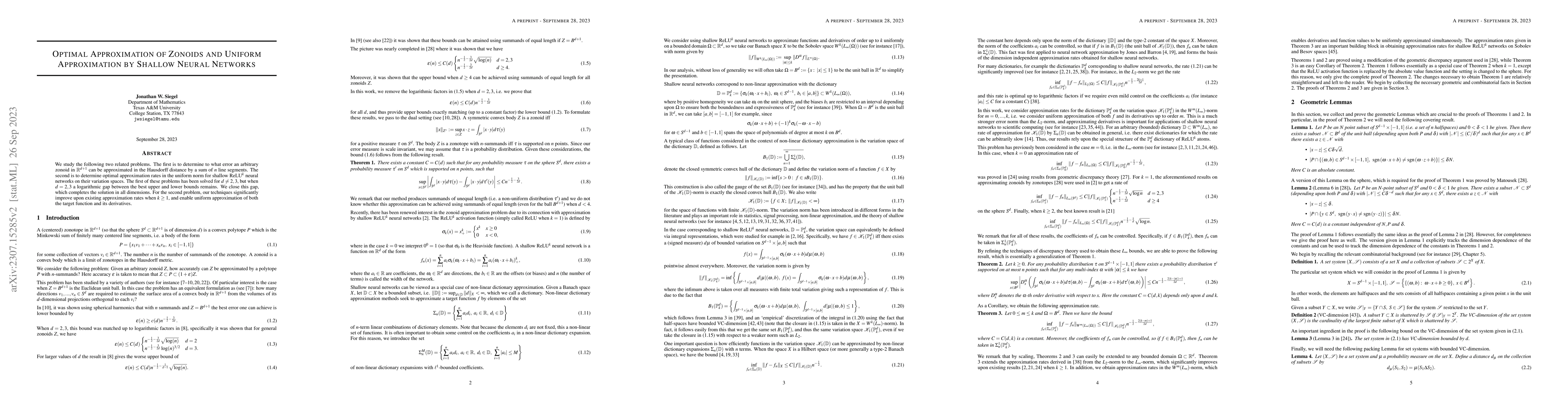 Thumbnail for Optimal Approximation of Zonoids and Uniform Approximation by Shallow
  Neural Networks