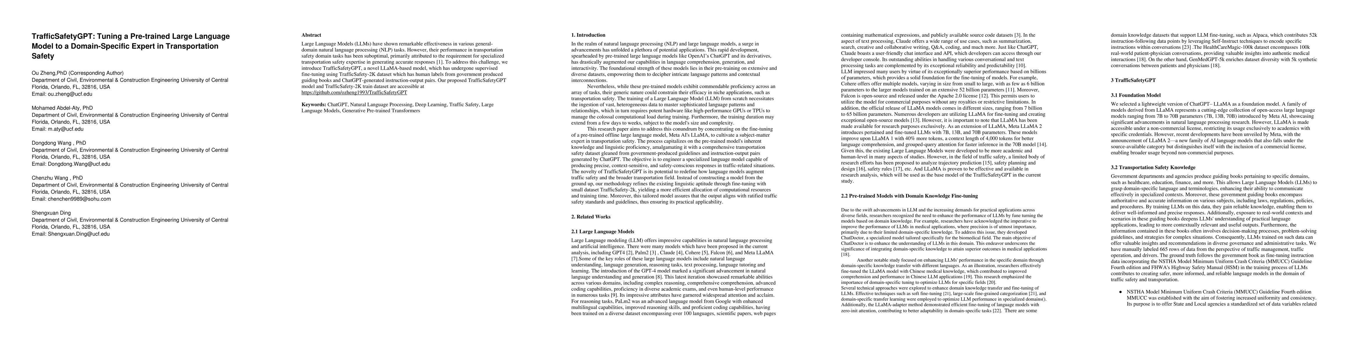Thumbnail for TrafficSafetyGPT: Tuning a Pre-trained Large Language Model to a
  Domain-Specific Expert in Transportation Safety
