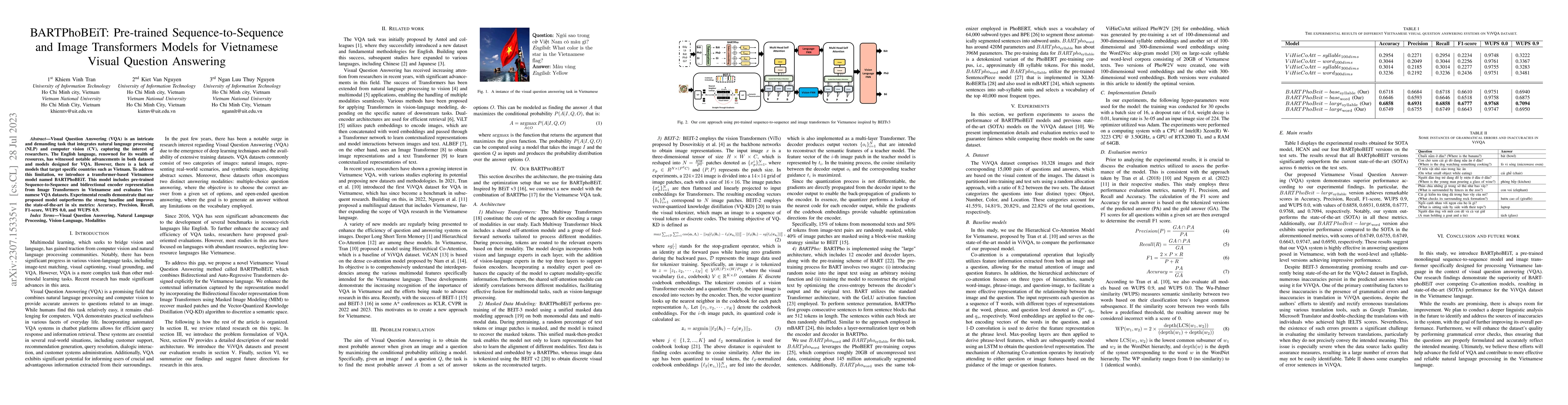 Thumbnail for BARTPhoBEiT: Pre-trained Sequence-to-Sequence and Image Transformers
  Models for Vietnamese Visual Question Answering