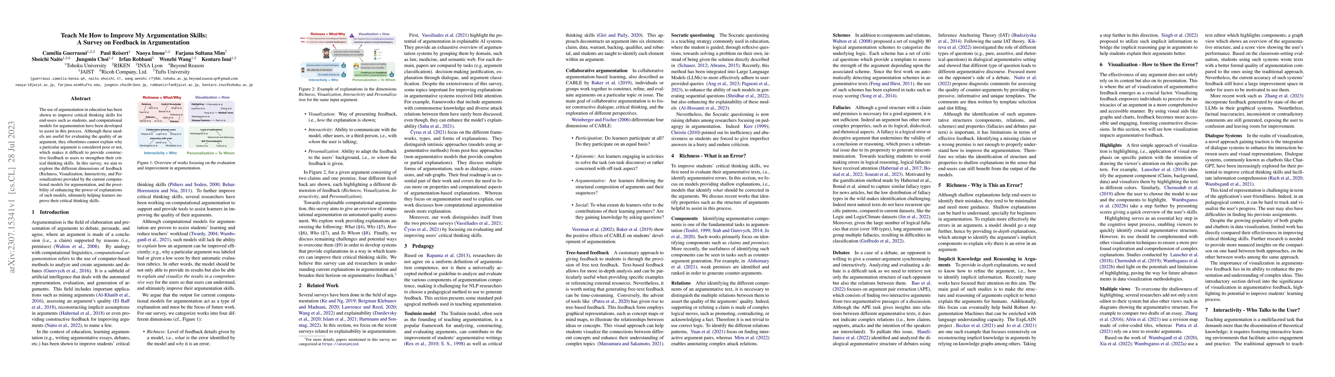 Thumbnail for Teach Me How to Improve My Argumentation Skills: A Survey on Feedback in
  Argumentation