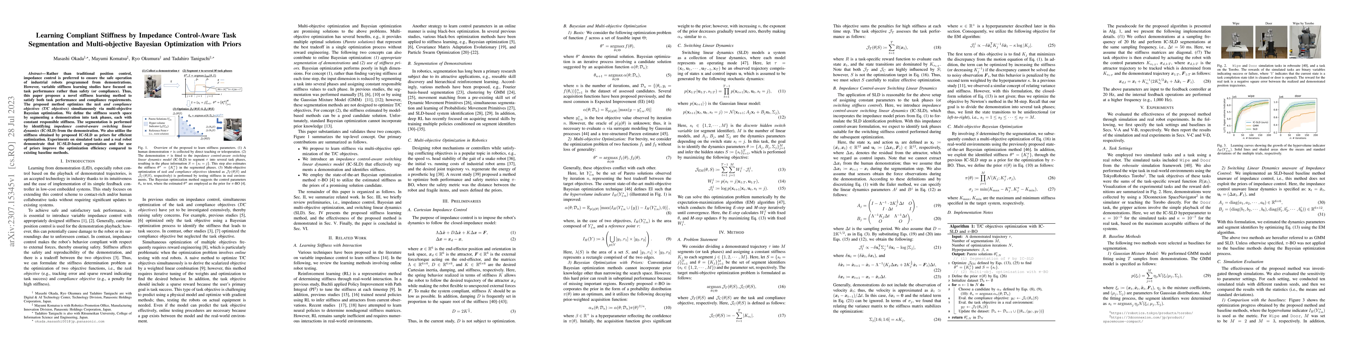 Thumbnail for Learning Compliant Stiffness by Impedance Control-Aware Task
  Segmentation and Multi-objective Bayesian Optimization with Priors