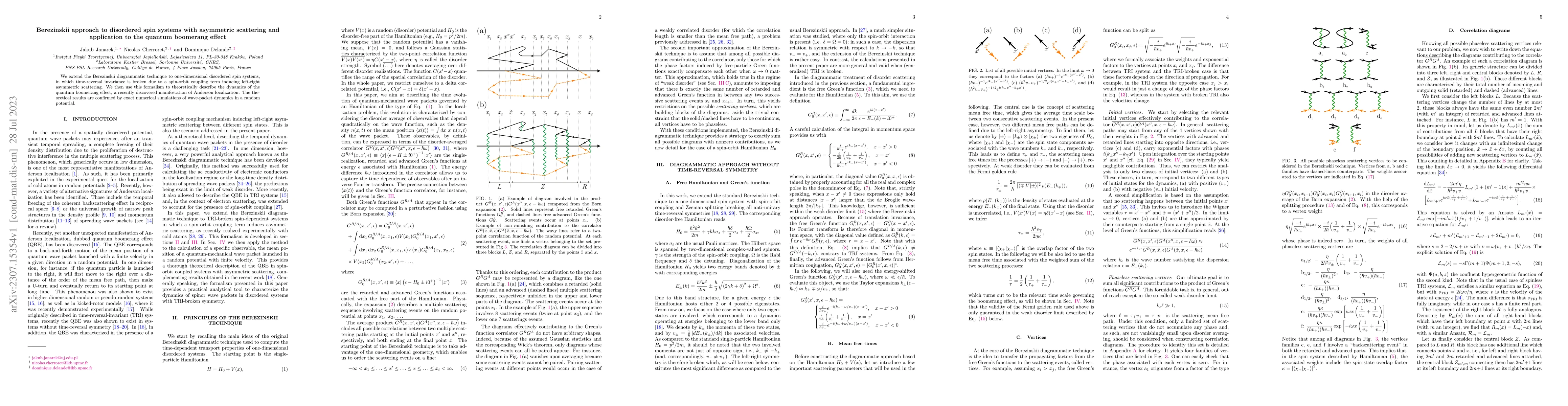 Thumbnail for Berezinskii approach to disordered spin systems with asymmetric
  scattering and application to the quantum boomerang effect