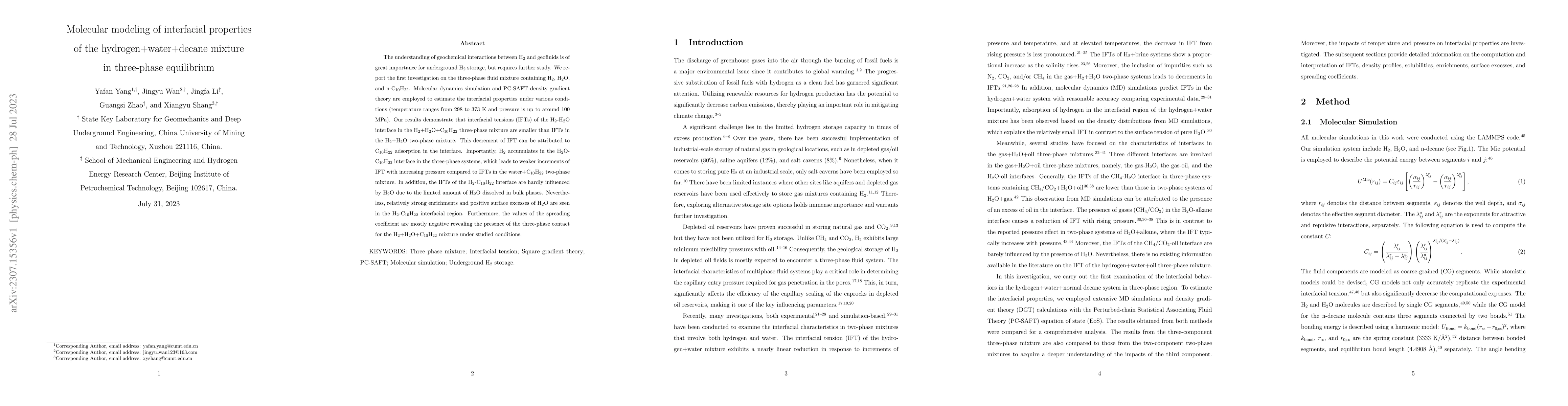 Thumbnail for Molecular modeling of interfacial properties of the
  hydrogen+water+decane mixture in three-phase equilibrium