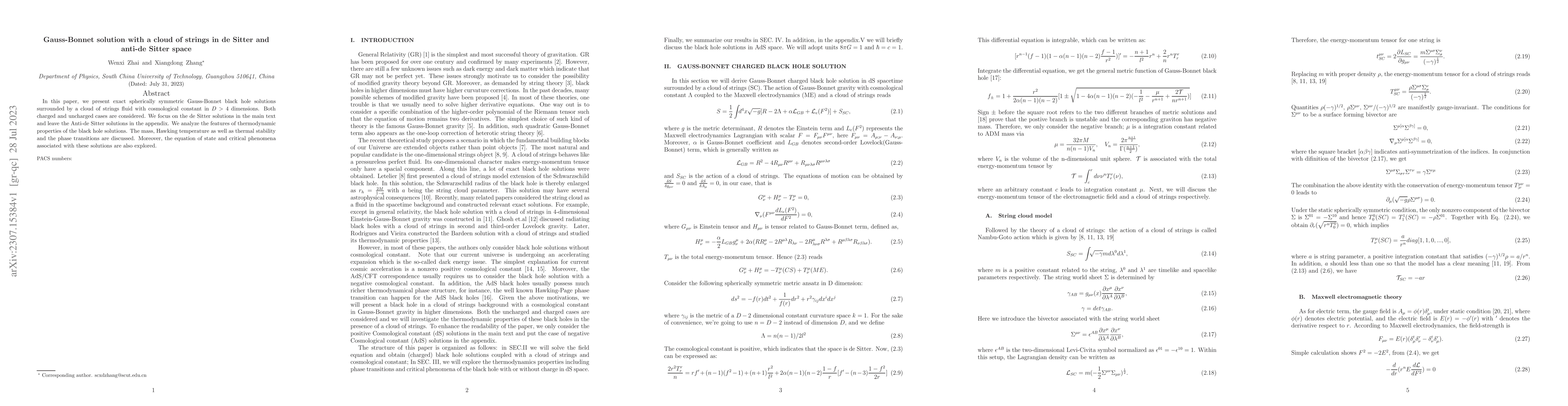 Thumbnail for Gauss-Bonnet solution with a cloud of strings in de Sitter and anti-de
  Sitter space