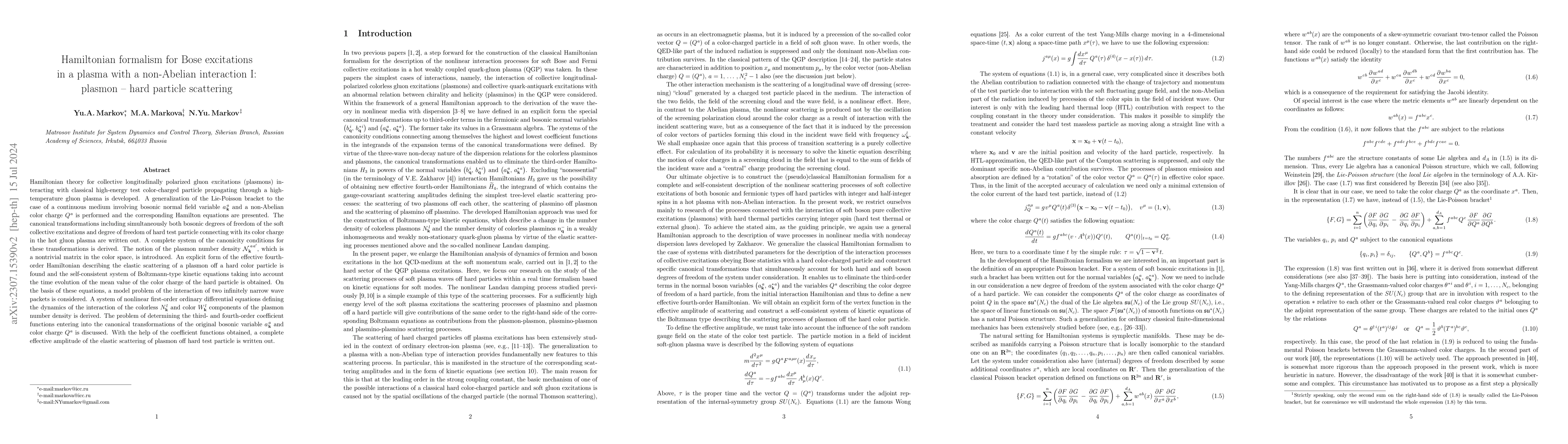Thumbnail for Hamiltonian formalism for Bose excitations in a plasma with a
  non-Abelian interaction I: plasmon -- hard particle scattering