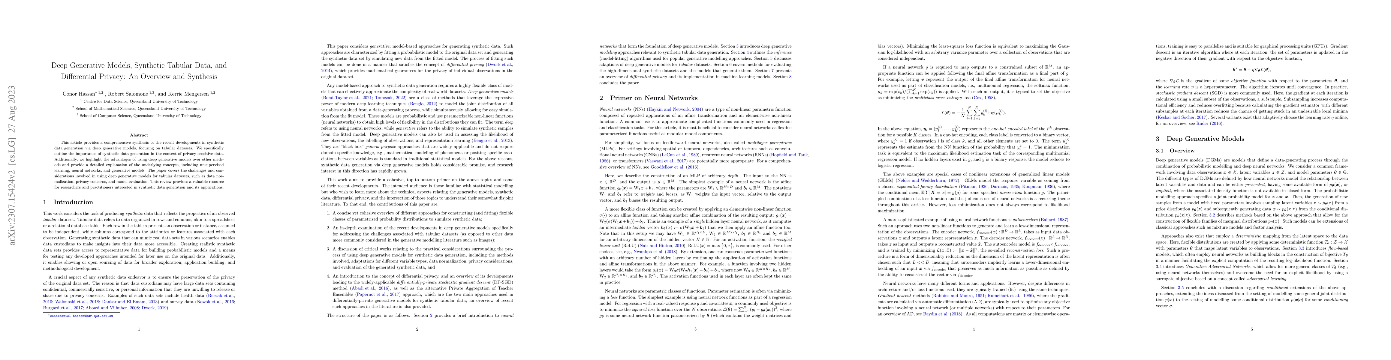 Thumbnail for Deep Generative Models, Synthetic Tabular Data, and Differential
  Privacy: An Overview and Synthesis