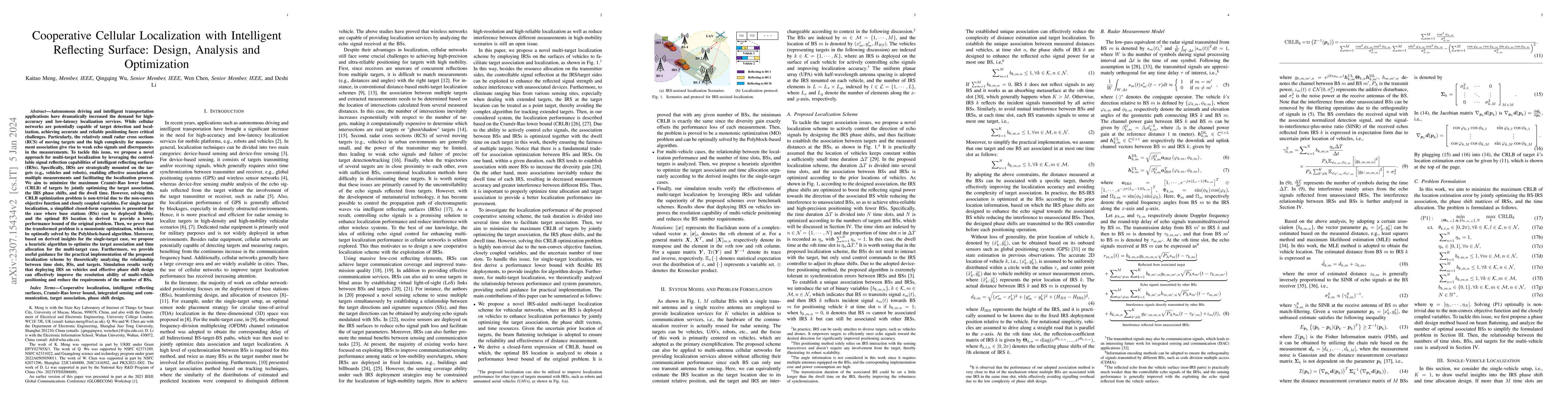 Thumbnail for Cooperative Cellular Localization with Intelligent Reflecting Surface:
  Design, Analysis and Optimization