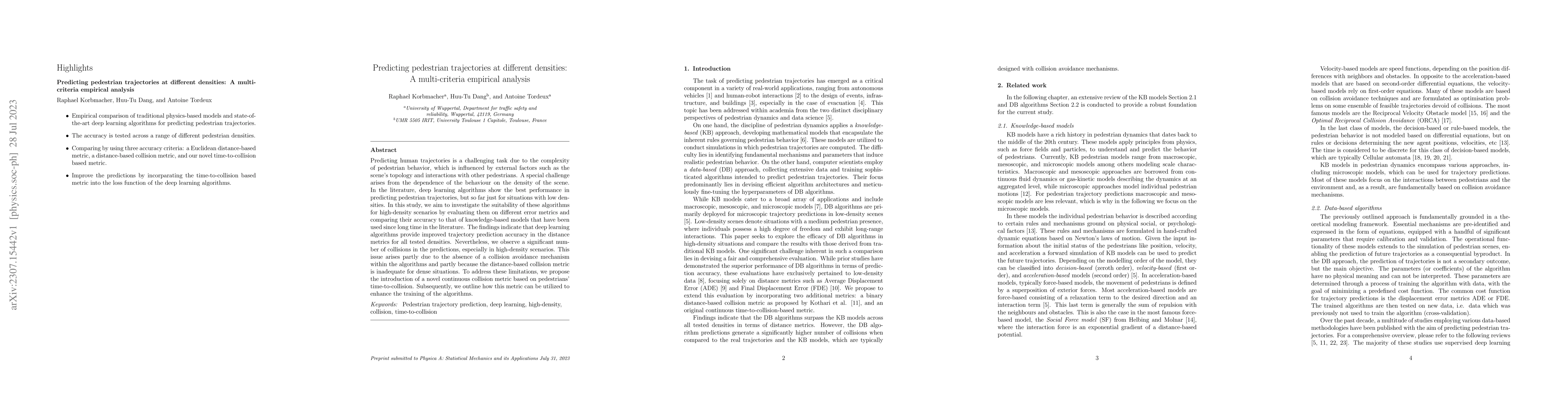 Thumbnail for Predicting pedestrian trajectories at different densities: A
  multi-criteria empirical analysis