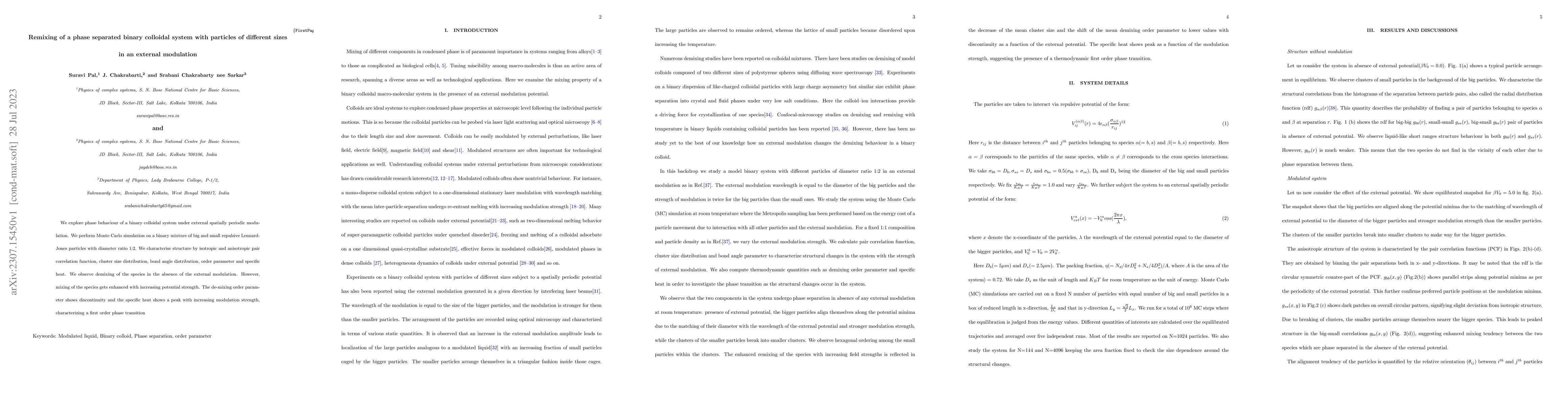 Thumbnail for Remixing of a phase separated binary colloidal system with particles of
  different sizes in an external modulation
