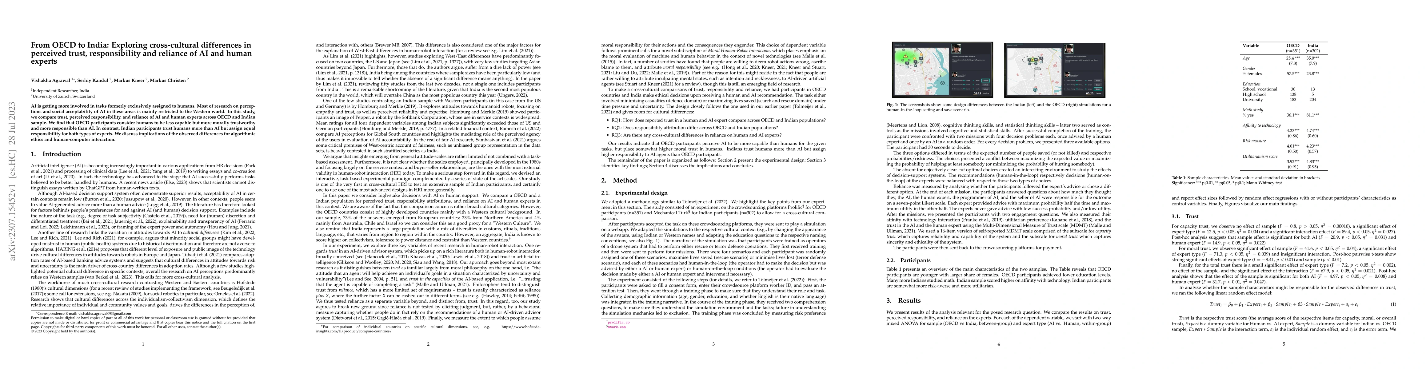 Thumbnail for From OECD to India: Exploring cross-cultural differences in perceived
  trust, responsibility and reliance of AI and human experts