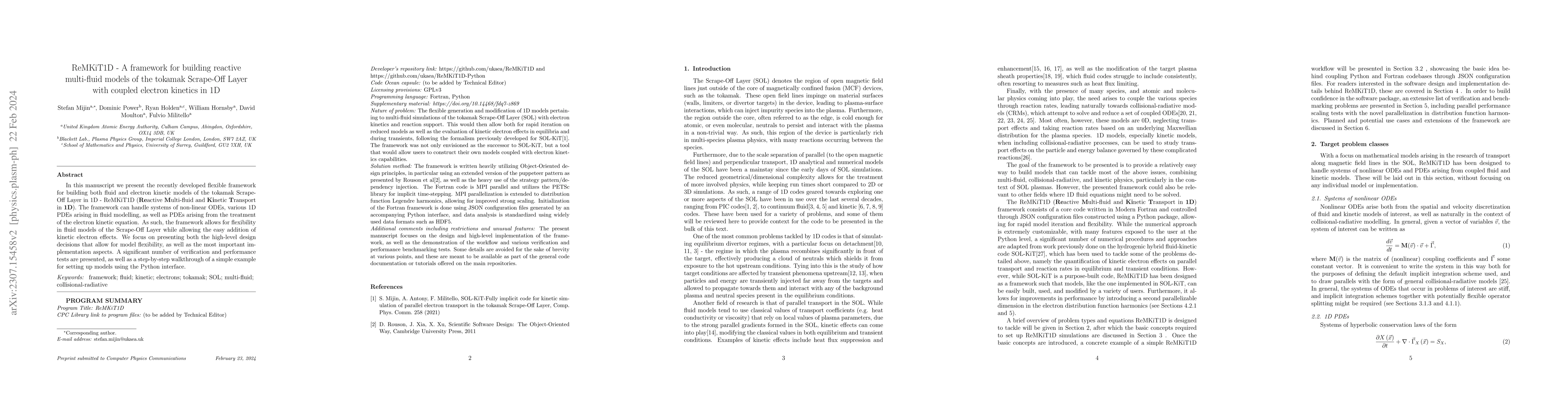 Thumbnail for ReMKiT1D -- A framework for building reactive multi-fluid models of the
  tokamak Scrape-Off Layer with coupled electron kinetics in 1D