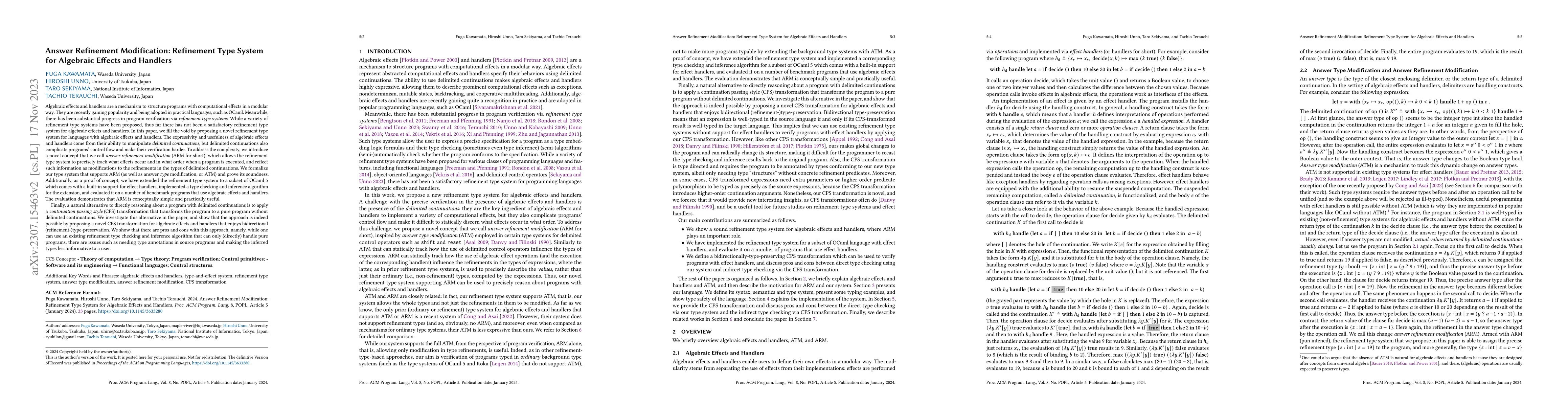 Thumbnail for Answer Refinement Modification: Refinement Type System for Algebraic
  Effects and Handlers