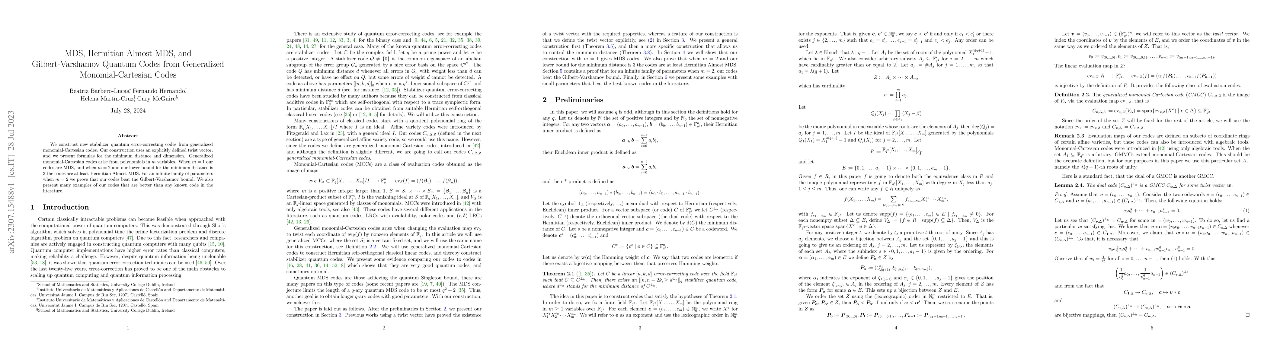Thumbnail for MDS, Hermitian Almost MDS, and Gilbert-Varshamov Quantum Codes from
  Generalized Monomial-Cartesian Codes