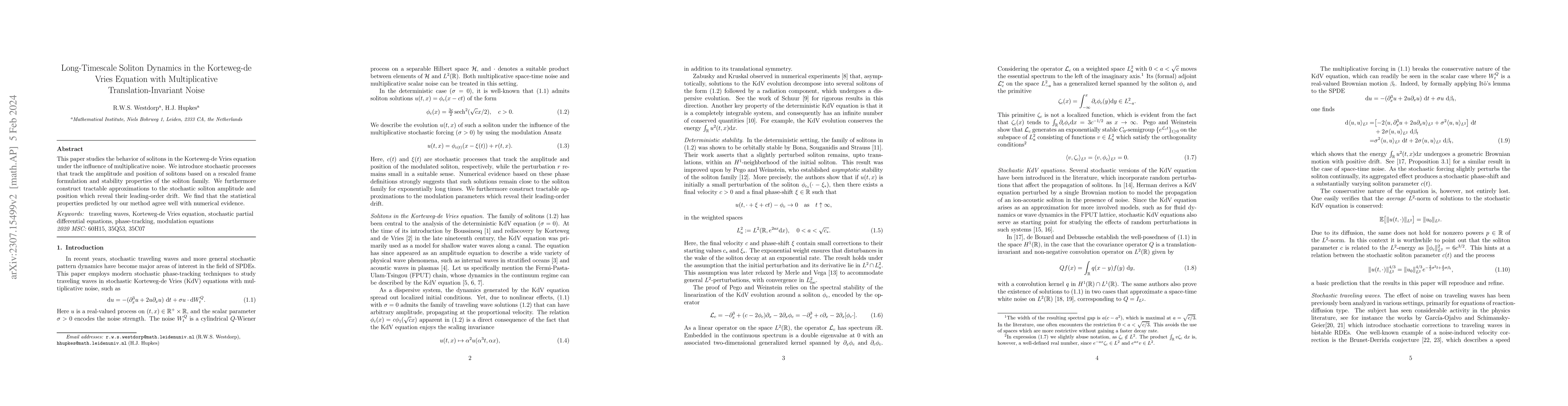 Thumbnail for Long-Timescale Soliton Dynamics in the Korteweg-de Vries Equation with
  Multiplicative Translation-Invariant Noise